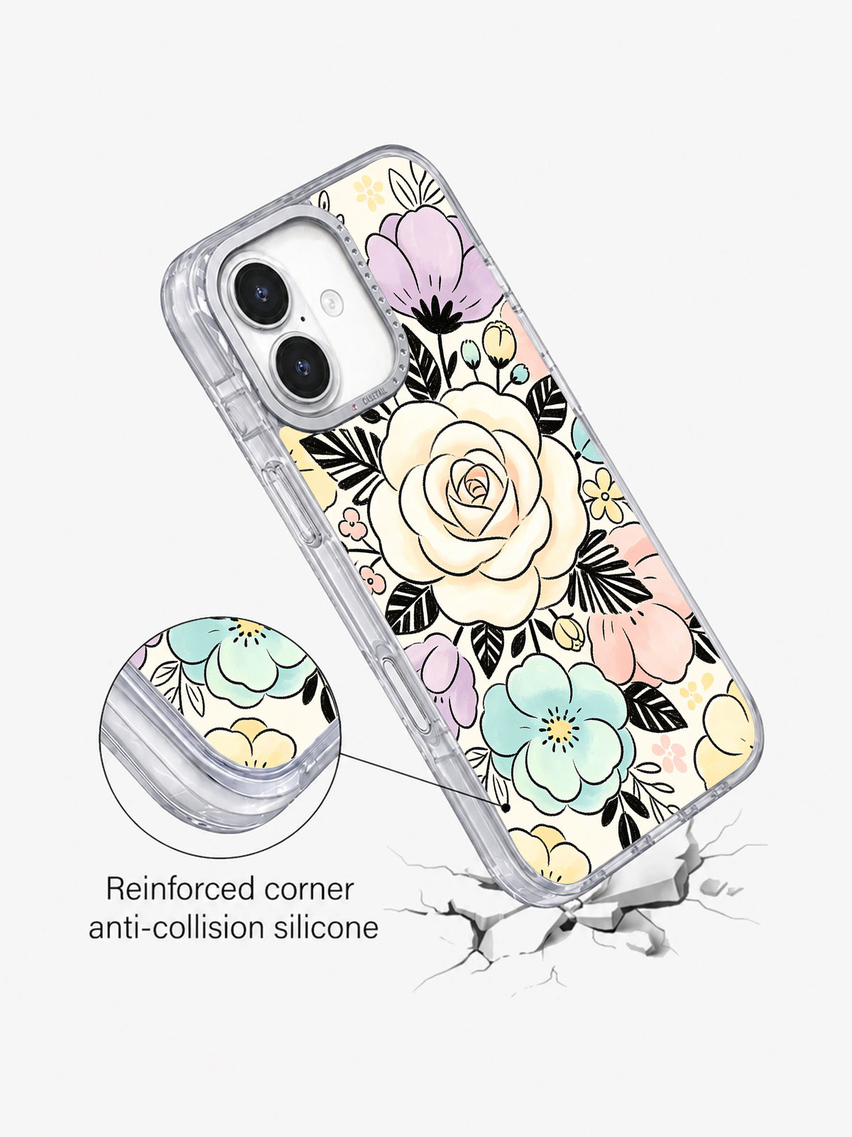 Soft botanical iPhone 17 case angled view