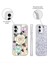 Rhinestone camera frame pastel flower iPhone 17 case detail