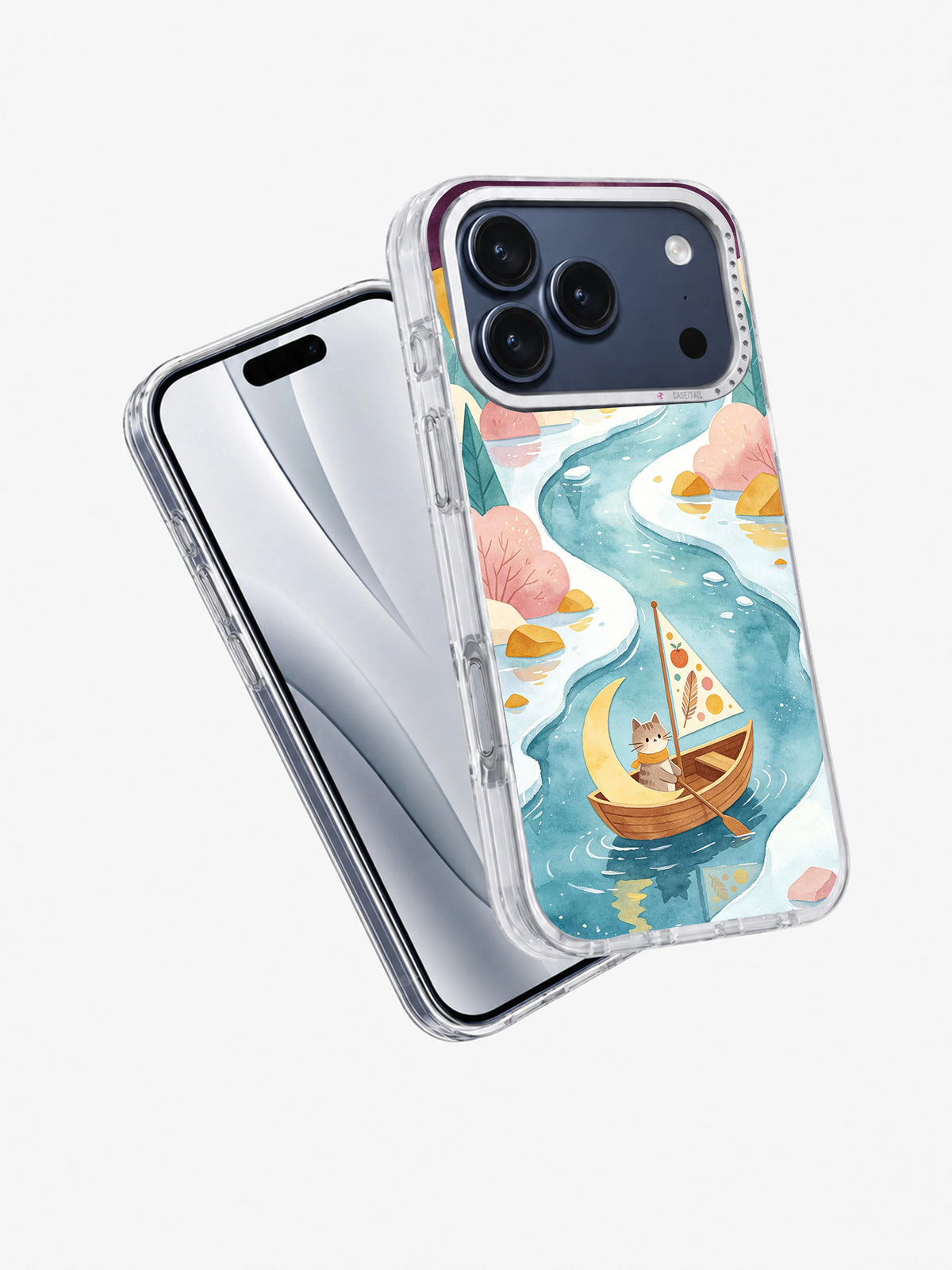 Angled front and back view of the Crescent Catboat phone case