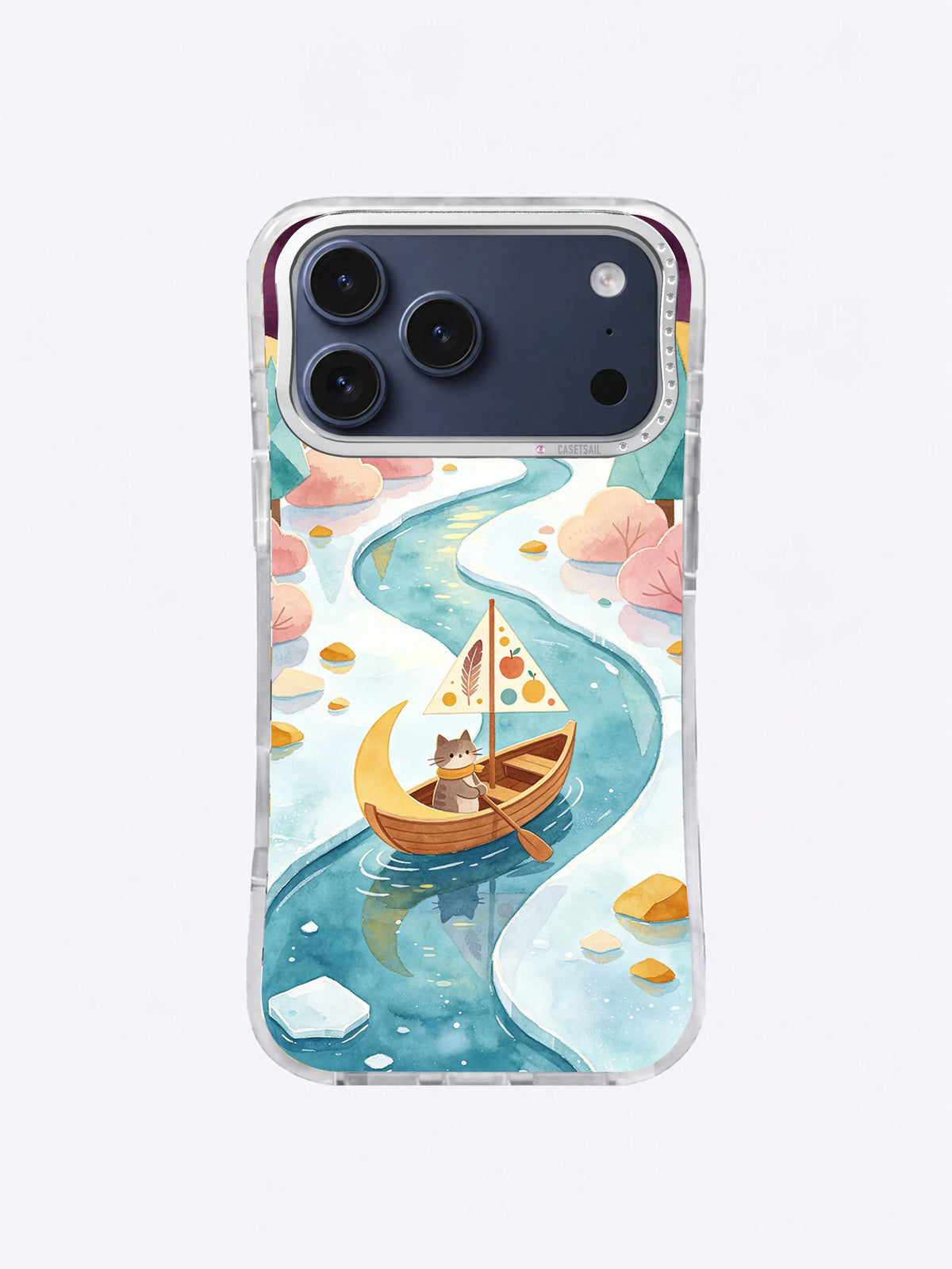 Cat captain sailing past blush dream banks on an iPhone 17 Pro Max case