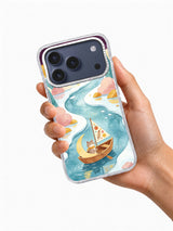 Crescent Catboat phone case shown held in one hand
