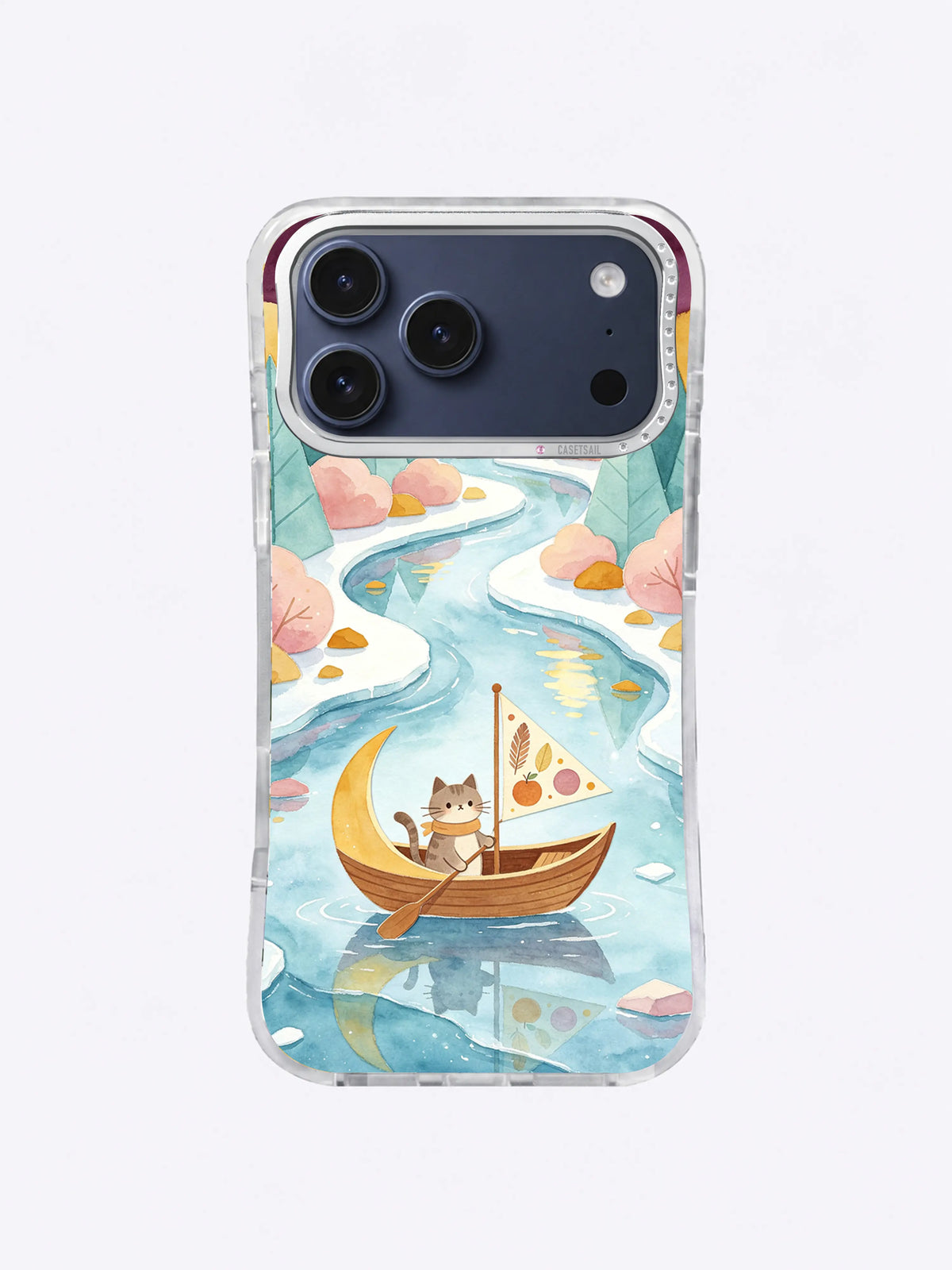 Patchwork frozen river and crescent catboat illustrated phone case