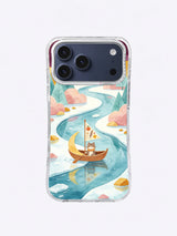 Saffron crescent catboat crossing a turquoise dream river phone case