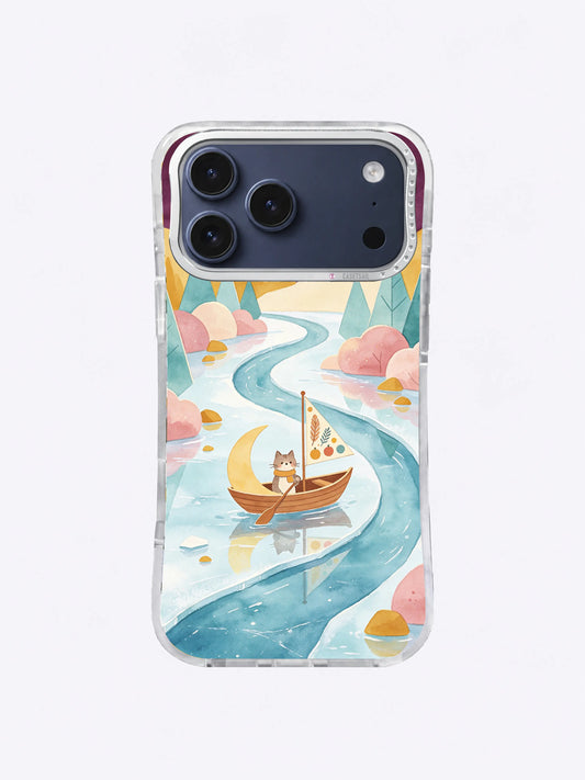 Starlit crescent catboat on a winding aqua winter river phone case