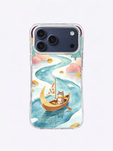 Two cat sailors in a crescent boat on a pastel celestial river phone case
