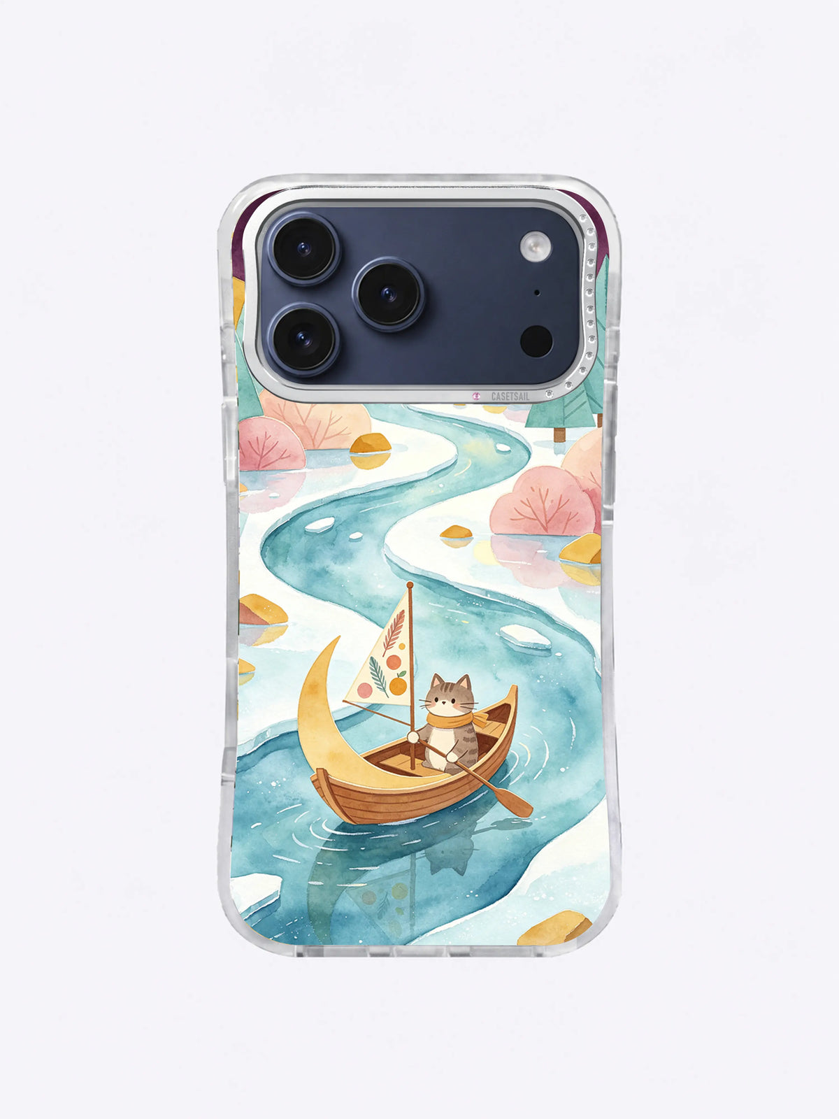Two cat sailors in a crescent boat on a pastel celestial river phone case