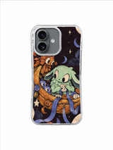 Celestial lost-and-found scene with mint character, ribbons and tiny periwinkle companions