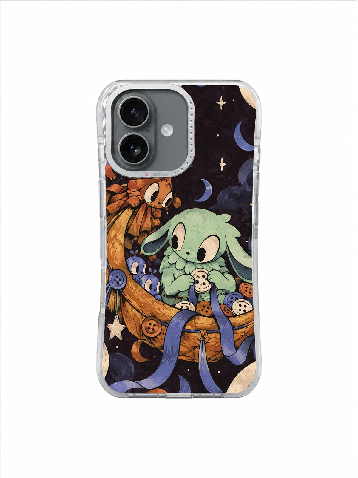 Celestial lost-and-found scene with mint character, ribbons and tiny periwinkle companions