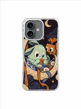 Mint and copper creatures gather buttons beneath painted crescent symbols