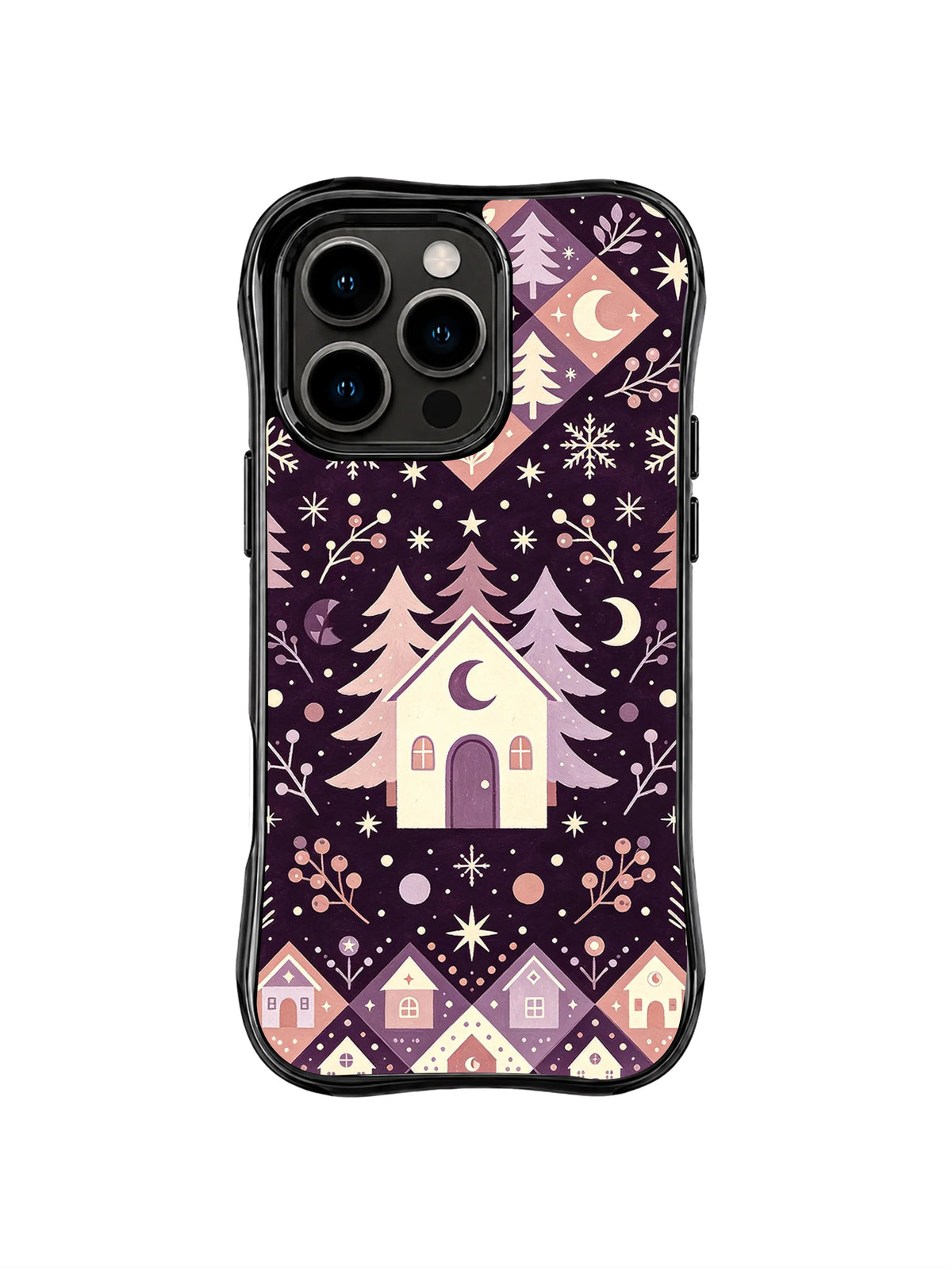 Crescent Village Pines pattern on a black iPhone 13 Pro case with a tall folk cottage, moon panels, stars and small houses on dark plum