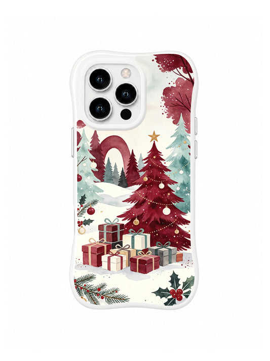 Crimson Giftwood iPhone 16 Pro case with burgundy tree arch, fir and wrapped gifts