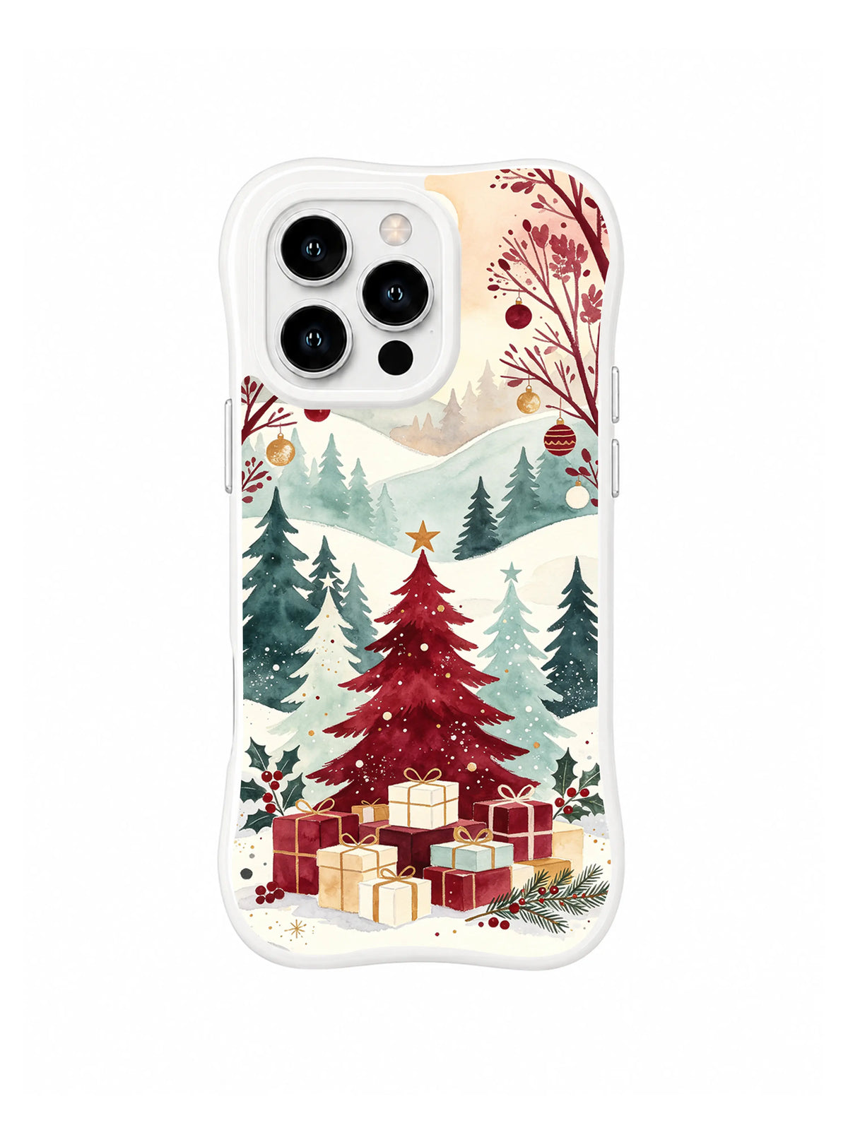 Cottagecore iPhone 16 Pro case with ivory sky, star-topped fir and holiday gifts