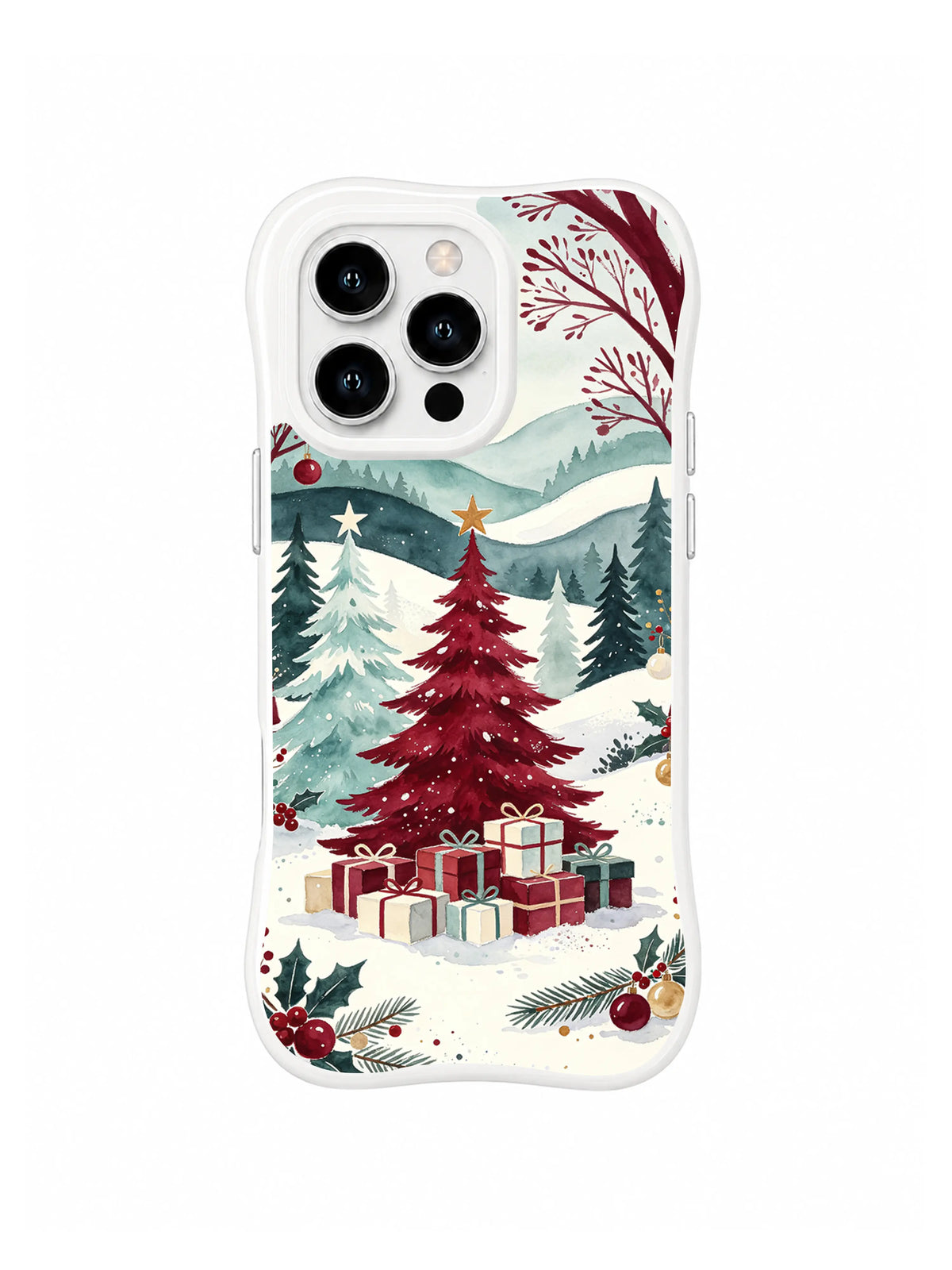 Winter folk art iPhone 16 Pro case with crimson fir, seafoam pines and snow terraces