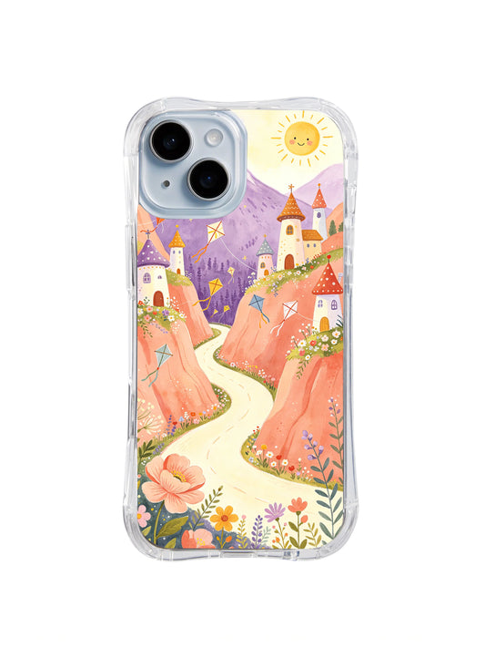 Bluebird Kite Village: A pale road winds between peach cliffs and purple villages while small kites fly under a yellow sun.