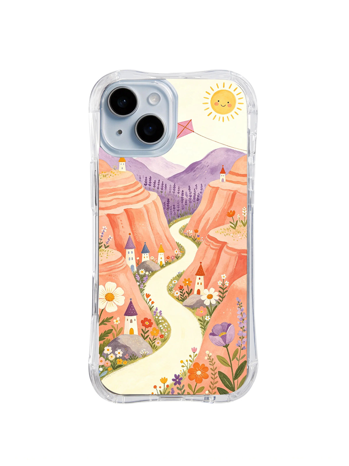Sunlit Kite Mesa: A winding path crosses layered orange mesas toward tiny villages while kites fly in the sun.