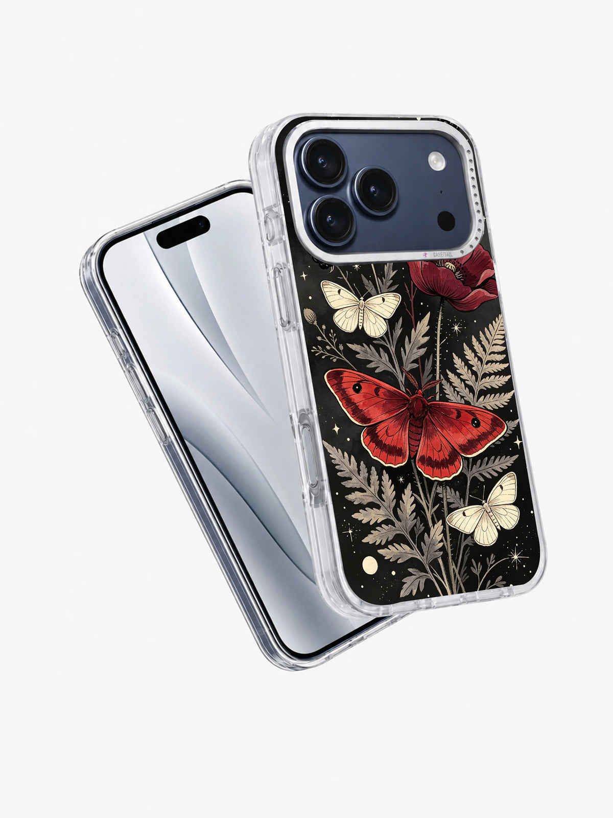 Angled view of Crimson Moth Garden artwork on a clear iPhone case