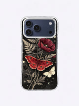Crimson Moth Garden pattern with red poppy, blackberries, sage foliage, and celestial sparks