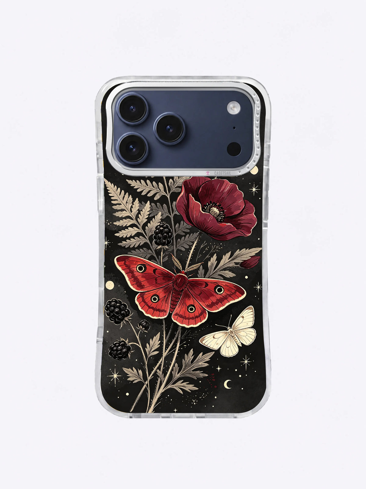 Crimson Moth Garden pattern with red poppy, blackberries, sage foliage, and celestial sparks