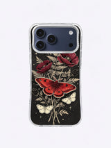 Hand-drawn nocturnal moth garden in crimson, ivory, burgundy, sage, and matte black