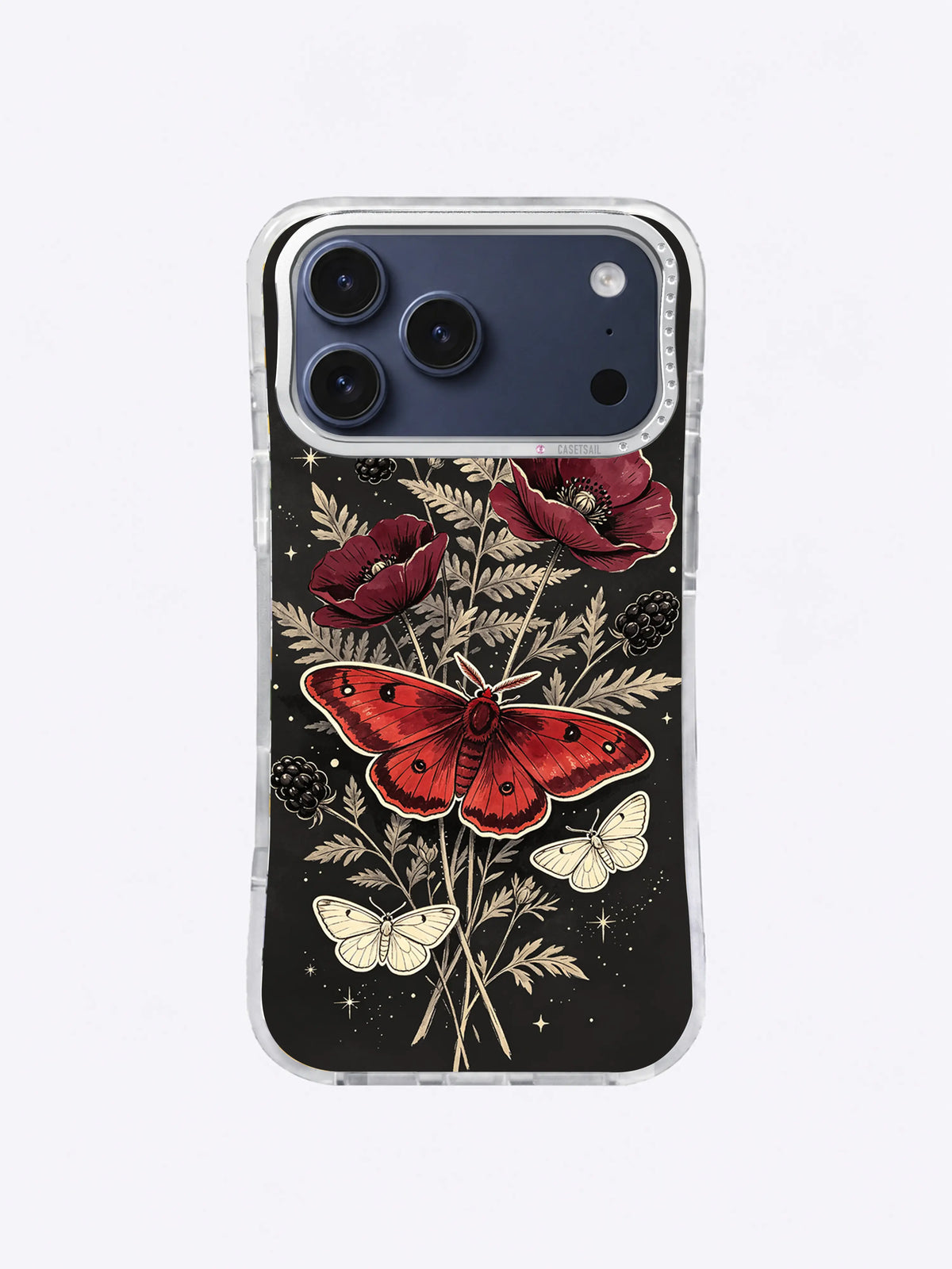 Hand-drawn nocturnal moth garden in crimson, ivory, burgundy, sage, and matte black