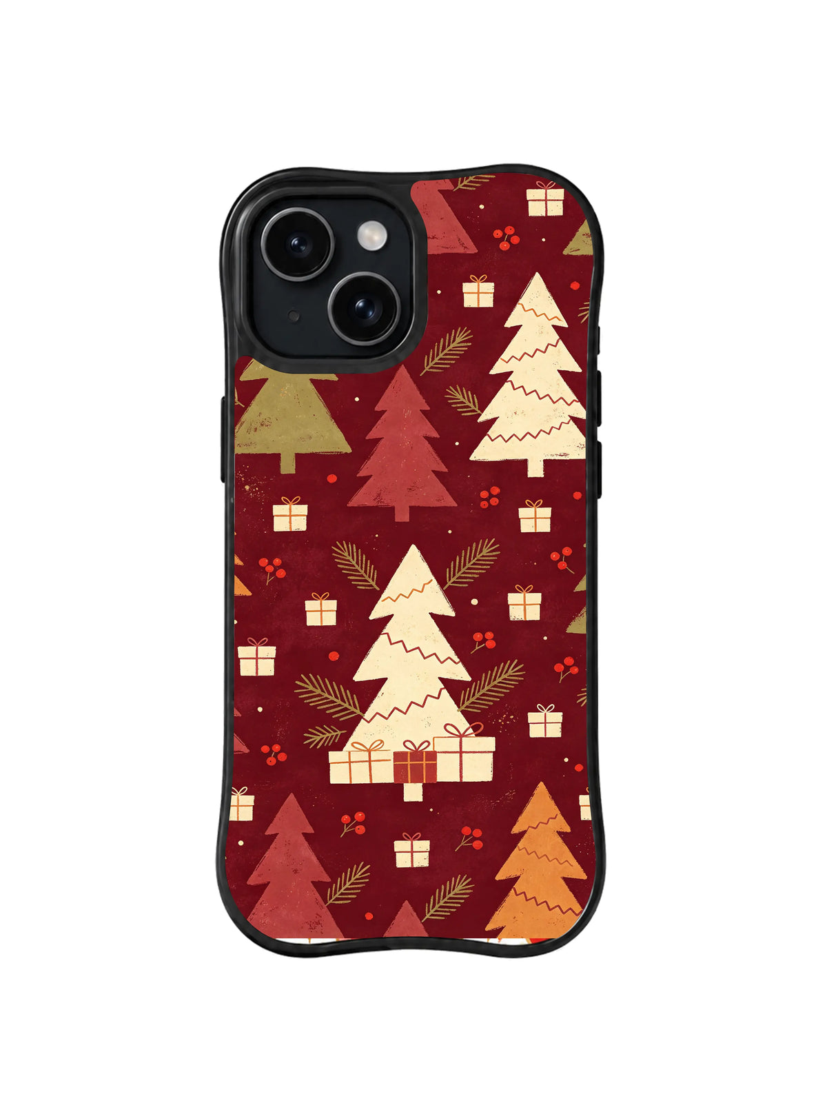 Staggered cream, olive and dusty crimson Christmas trees iPhone 15 case, pattern two