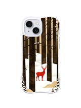 Hidden Grove Watcher pattern on a white iPhone 13 case with a small red deer among tall dark trees and cream snowbanks
