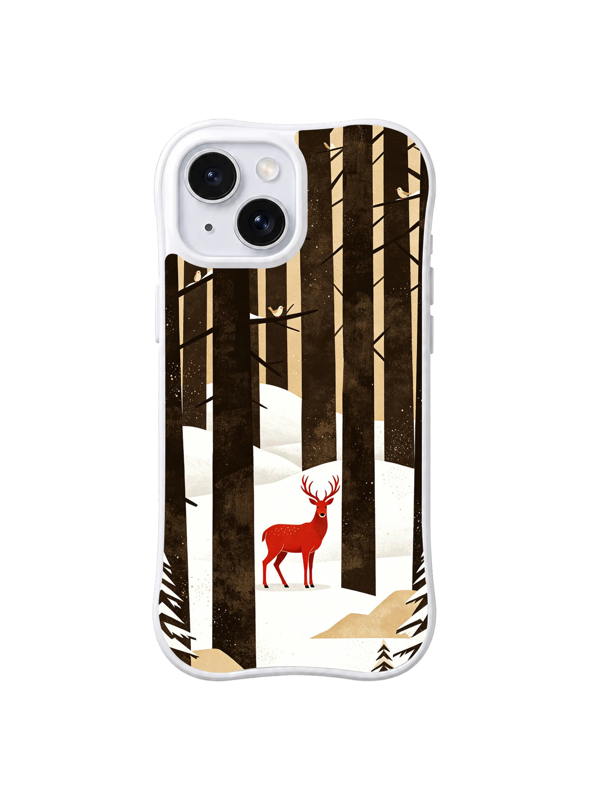Hidden Grove Watcher pattern on a white iPhone 13 case with a small red deer among tall dark trees and cream snowbanks