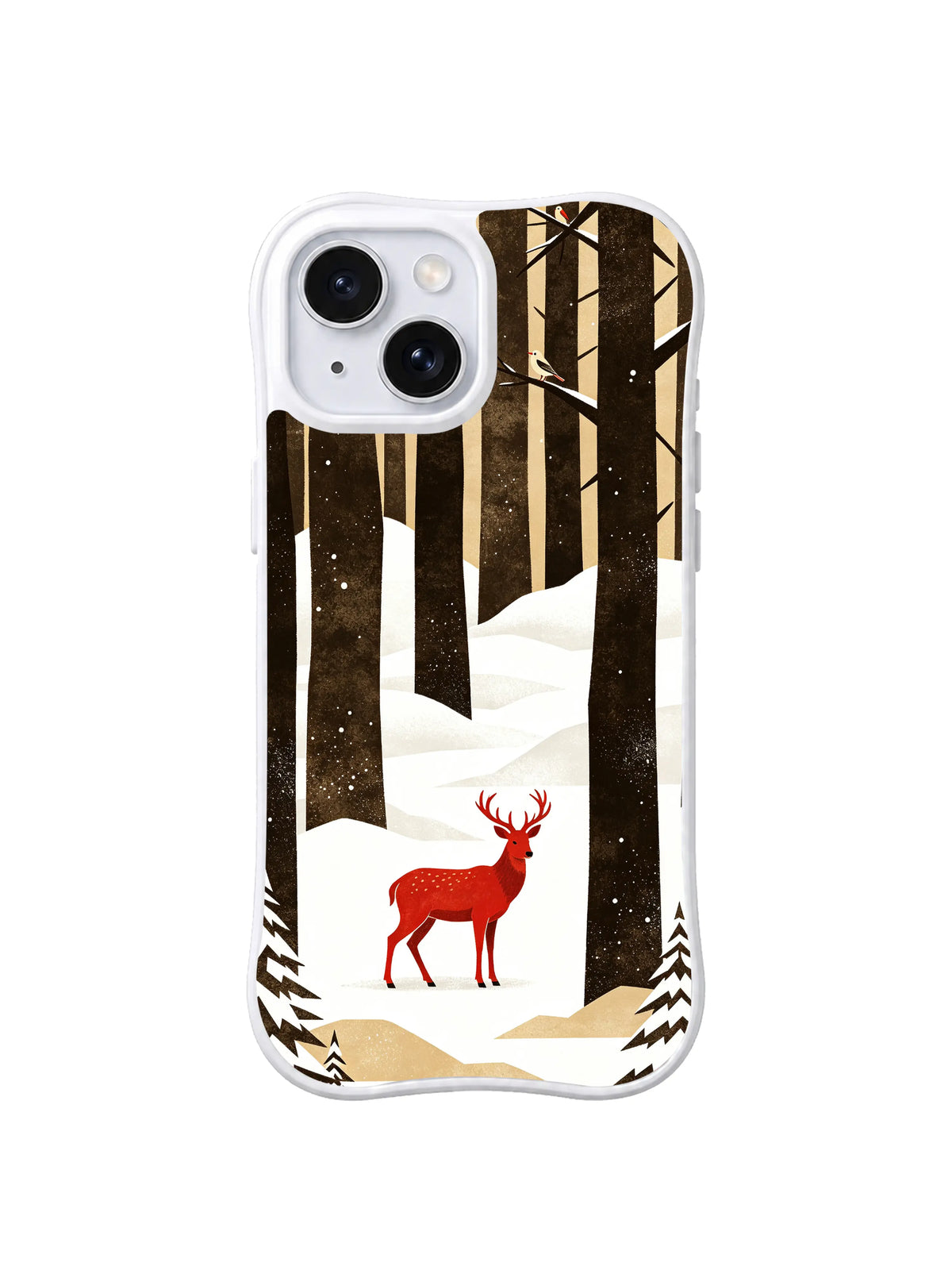 Snowbank Stag pattern on a white iPhone 13 case with a red deer, geometric snowy hills, pine silhouettes and perched birds