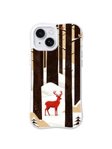 Tall Pine Sentinel pattern on a white iPhone 13 case with a crimson deer, vertical espresso trunks, birds and layered winter snow