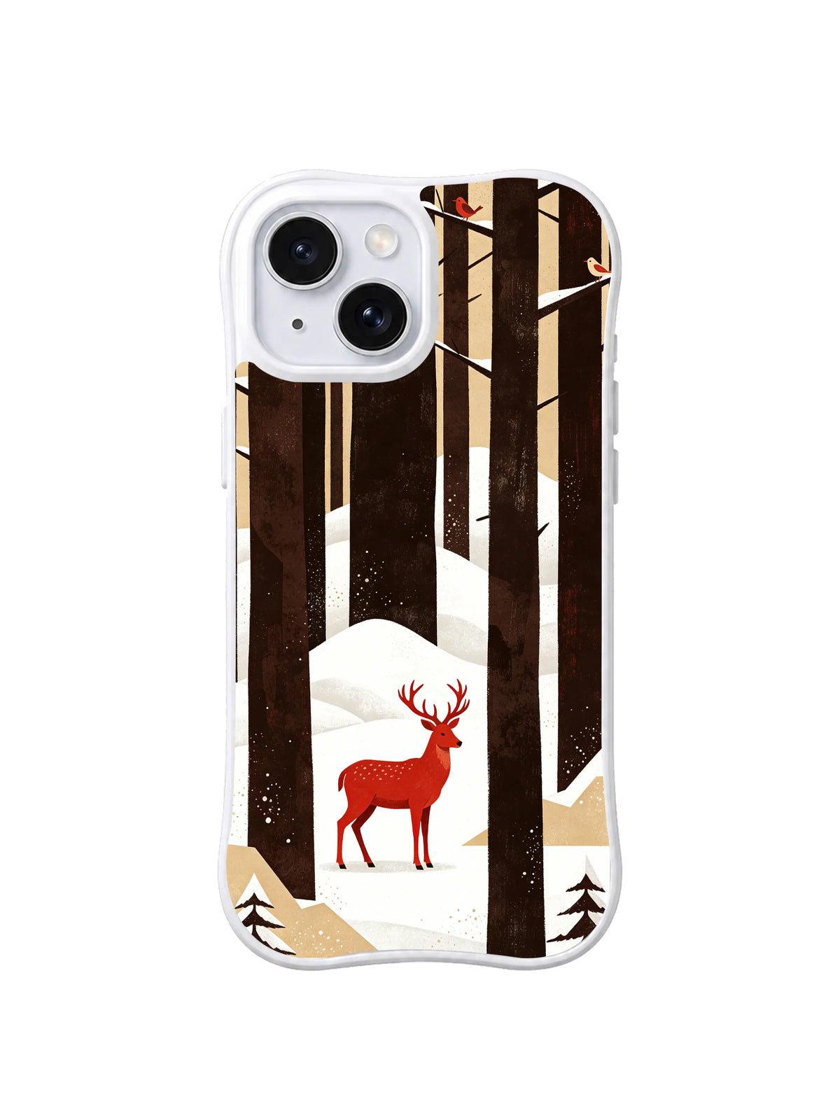Tall Pine Sentinel pattern on a white iPhone 13 case with a crimson deer, vertical espresso trunks, birds and layered winter snow