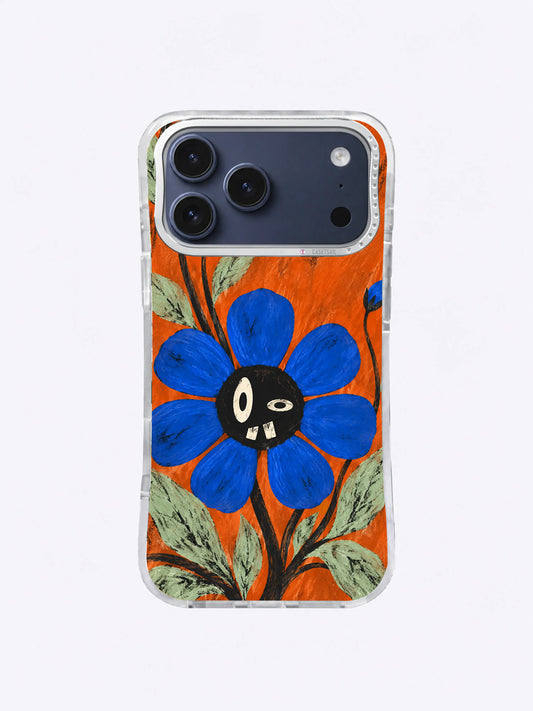 A Bloom with Crooked Teeth Cobalt Crooked Bloom artwork on iPhone 17 Pro Max case
