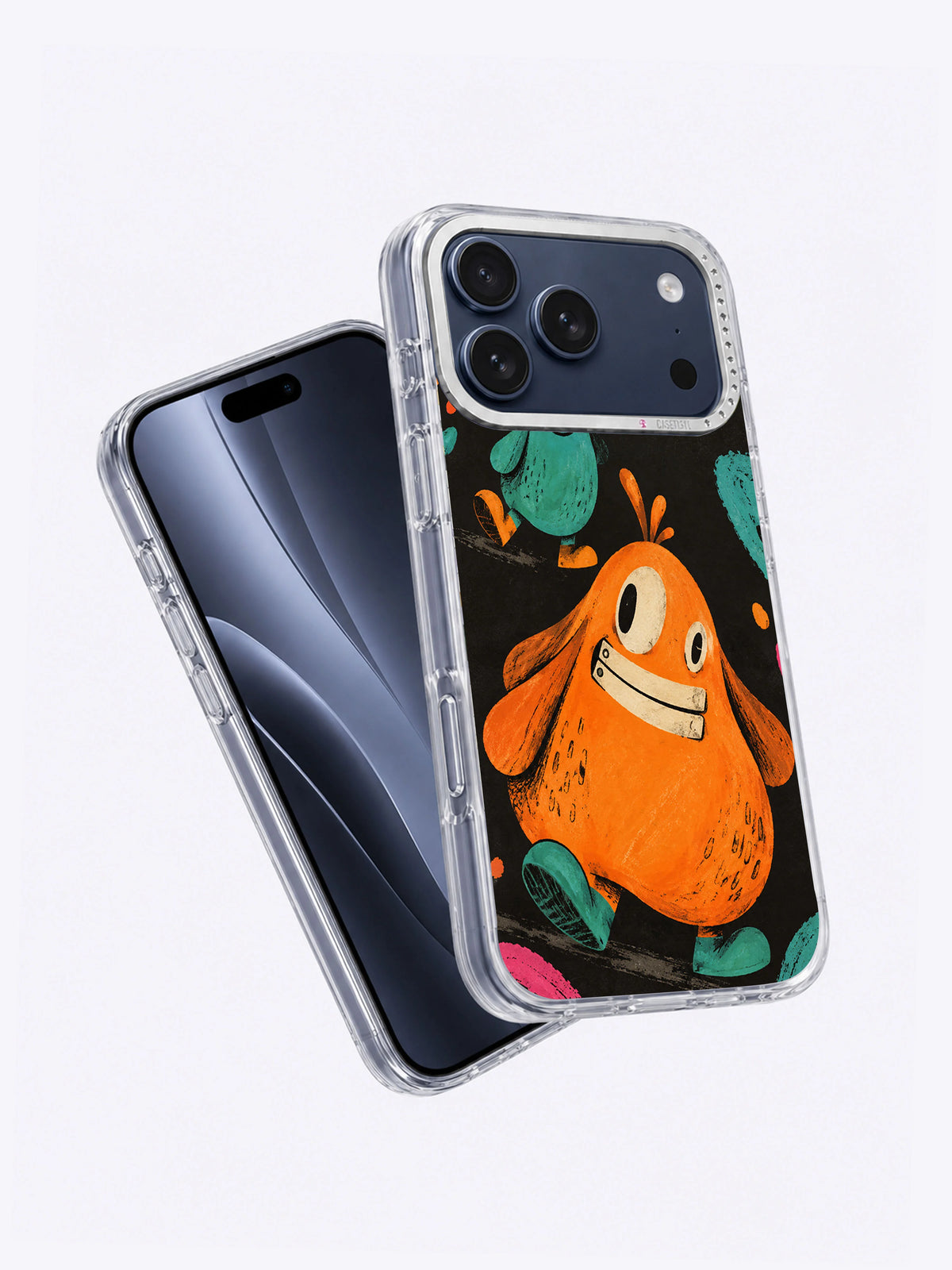 Angled view of The Crooked Smile Parade iPhone 17 Pro Max case