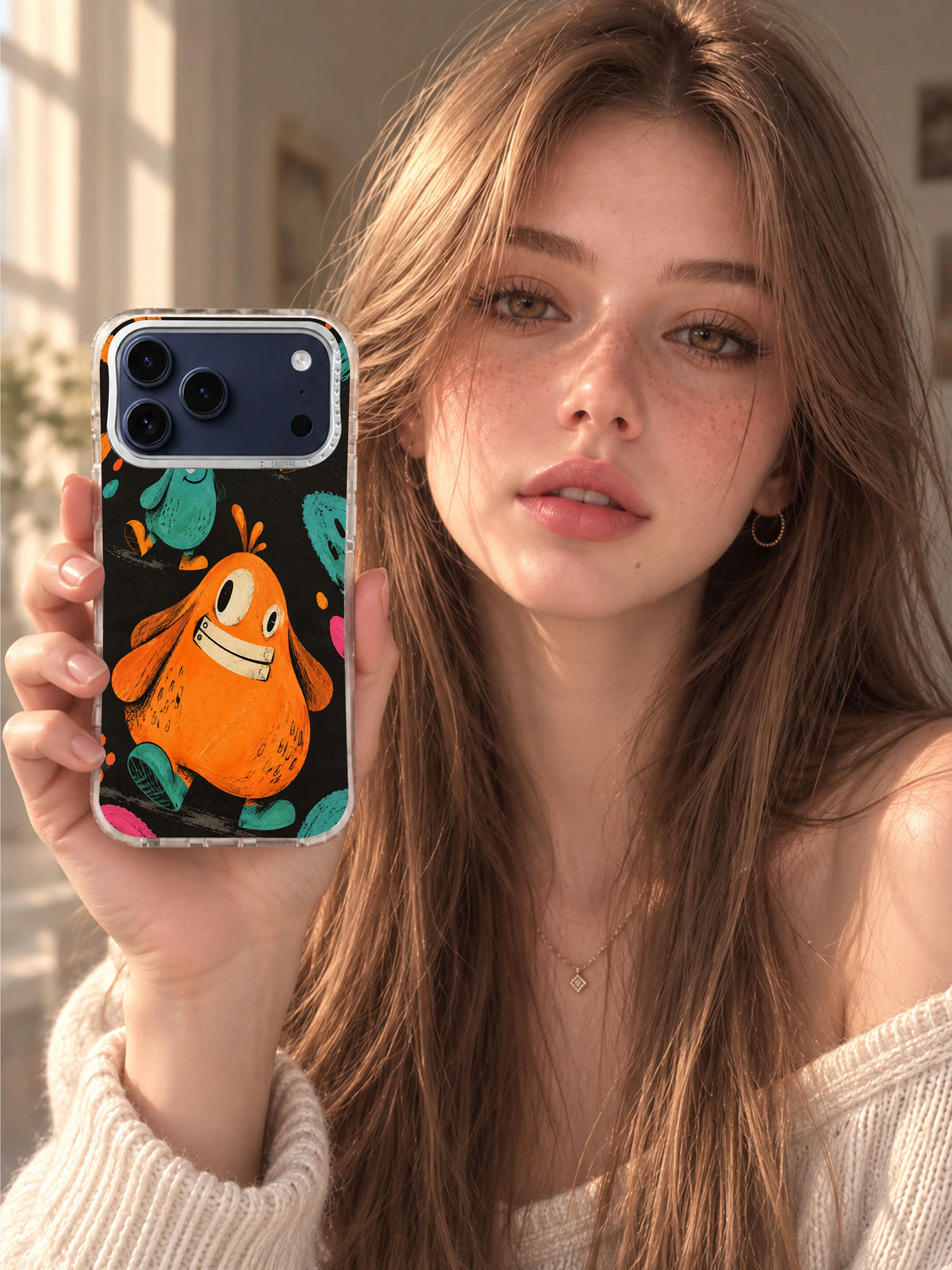 Lifestyle view of The Crooked Smile Parade iPhone 17 Pro Max case