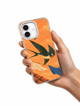 Hand holding the Crosswind Club illustrated swallow iPhone 17 case
