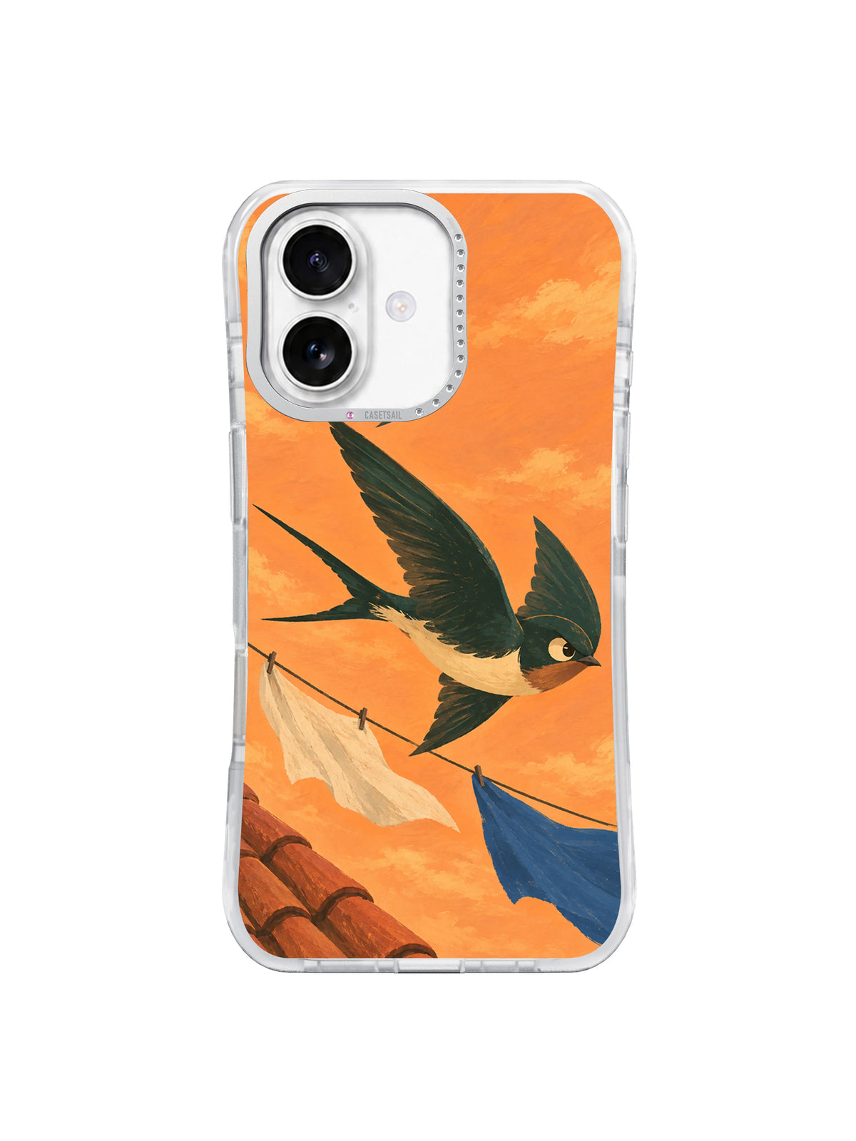 Crosswind Club swallow art iPhone 17 case on a clean white product background
