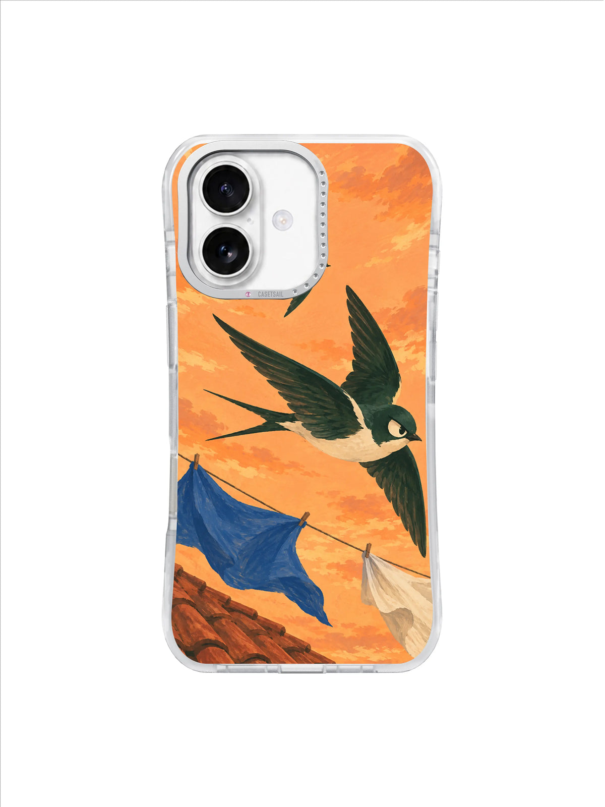 Swallows turning together over clay roof tiles and a diagonal clothesline on a peach phone case