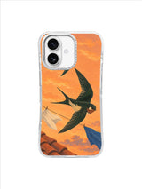 Three swallows forming a wide arc over fluttering fabric and warm sky on an iPhone 17 case