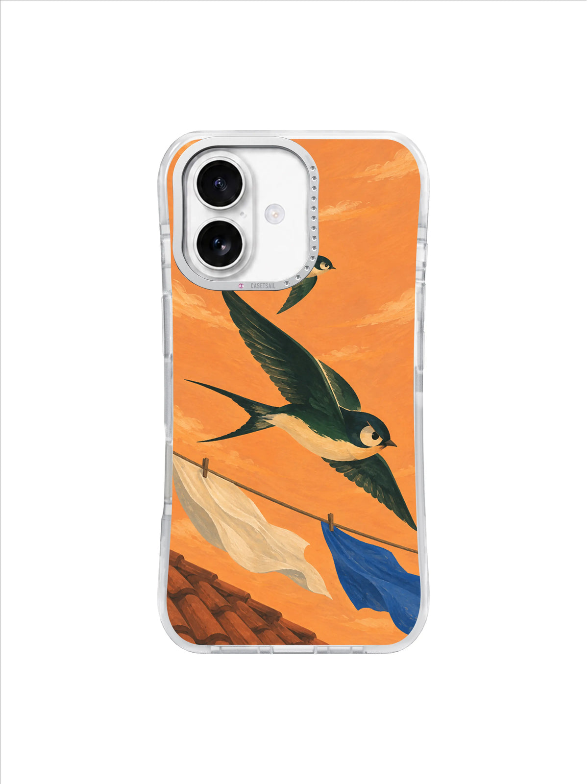 Young swallow following a curved flight path past a blue cloth in a gouache iPhone 17 case illustration
