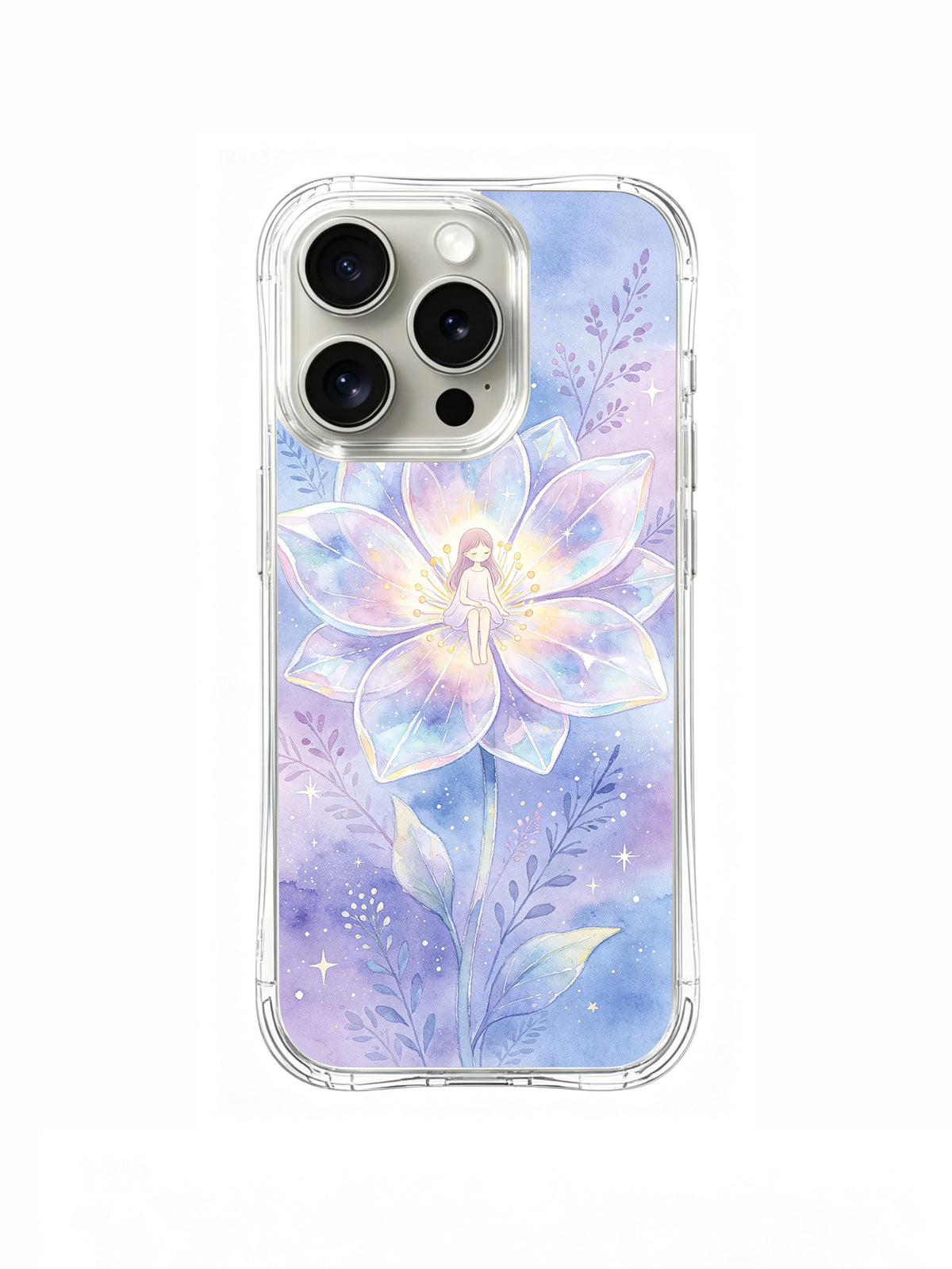 Crystal Flower Sanctuary: Sivri pembe-mavi çiçeğin merkezinde oturan figür; altta uzun yapraklar.