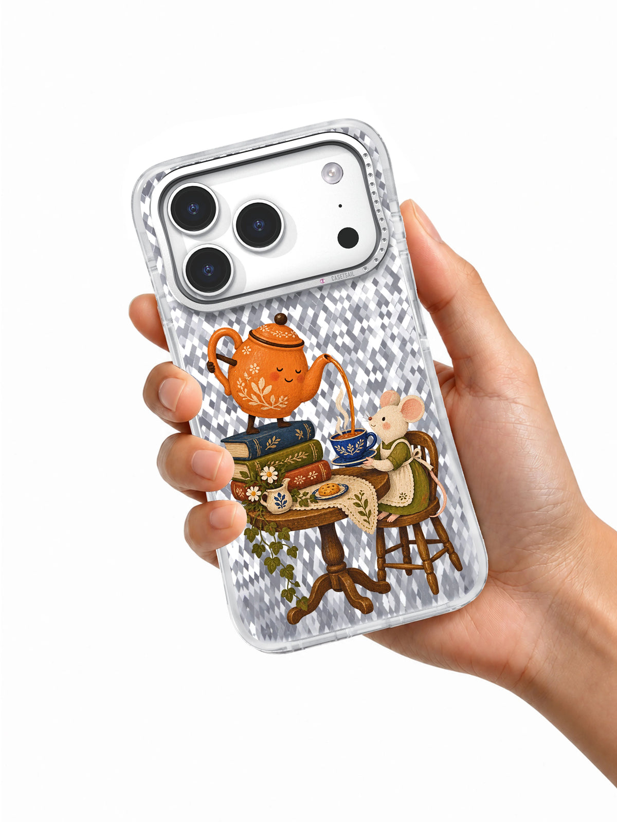 A Cup Poured Twice clear iPhone 17 Pro Case in hand