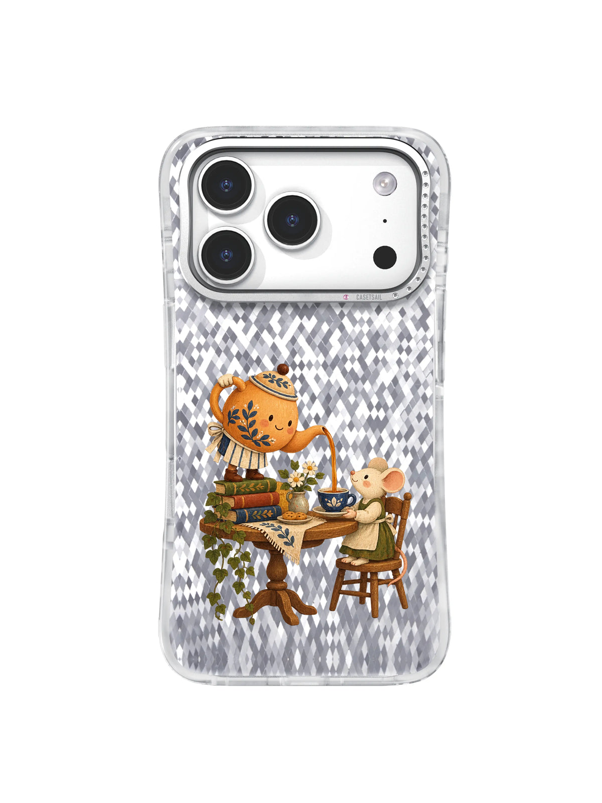 Cheerful teapot and mouse sharing tea iPhone case artwork
