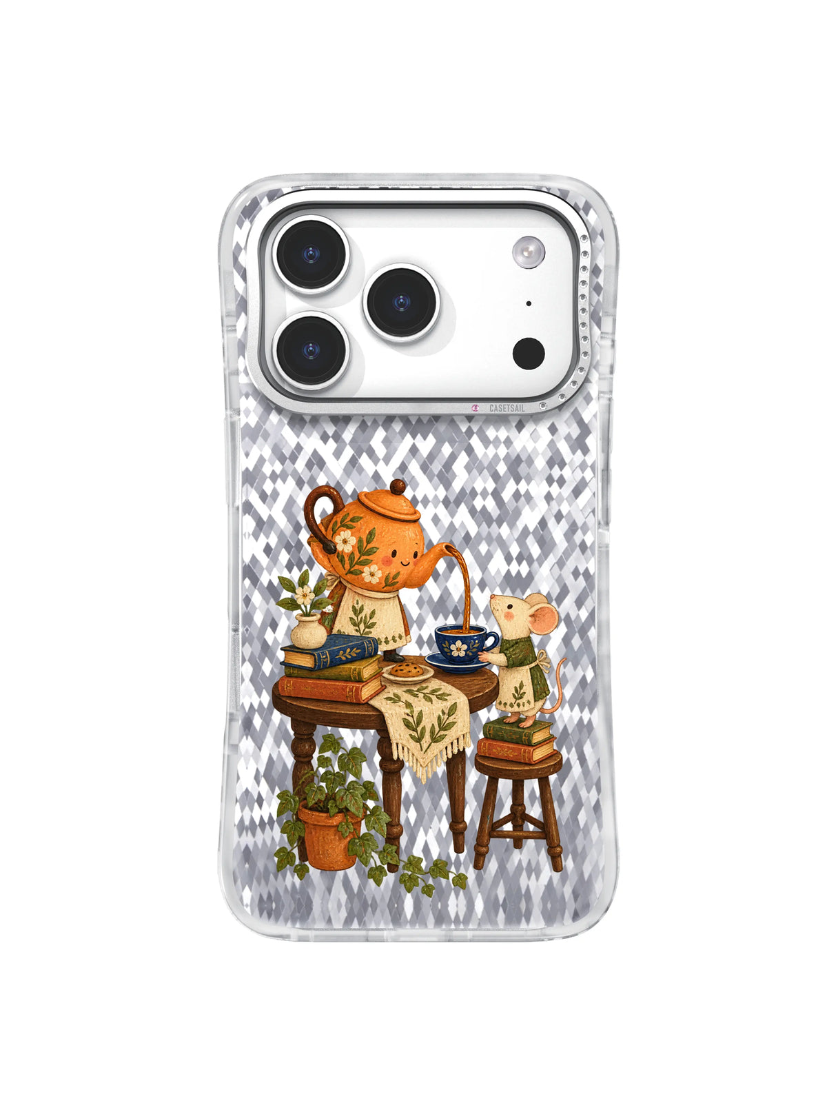 Cream mouse steadying a tea saucer phone case artwork