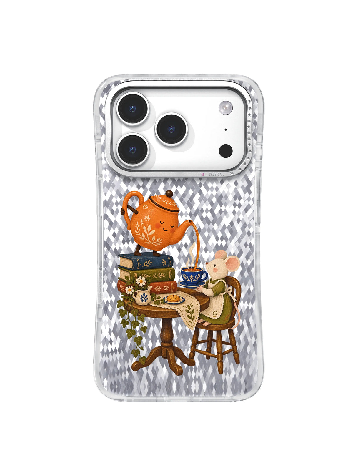 A Cup Poured Twice walking teapot and mouse iPhone 17 Pro Case artwork