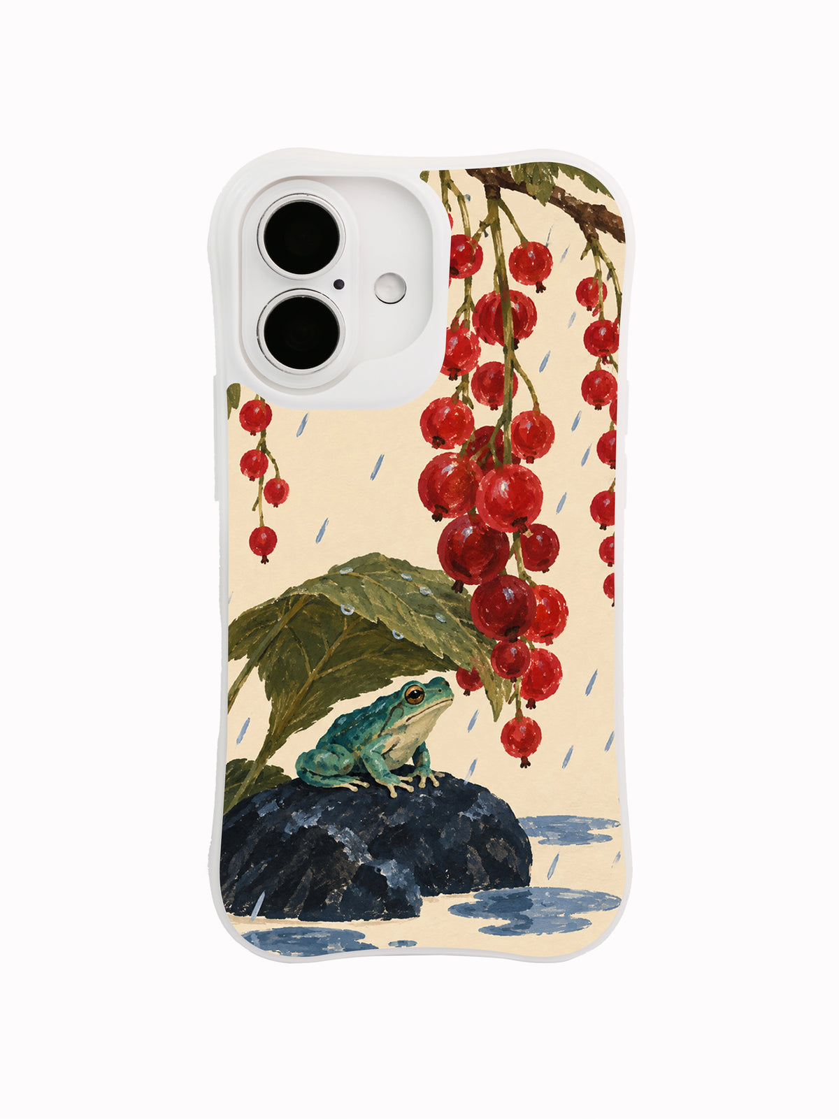 Front view of Currants in the Rain white iPhone 16 case