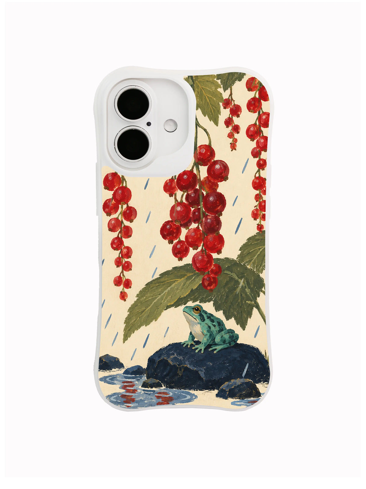 Crimson Drops hanging fruit and puddle artwork on a white iPhone case