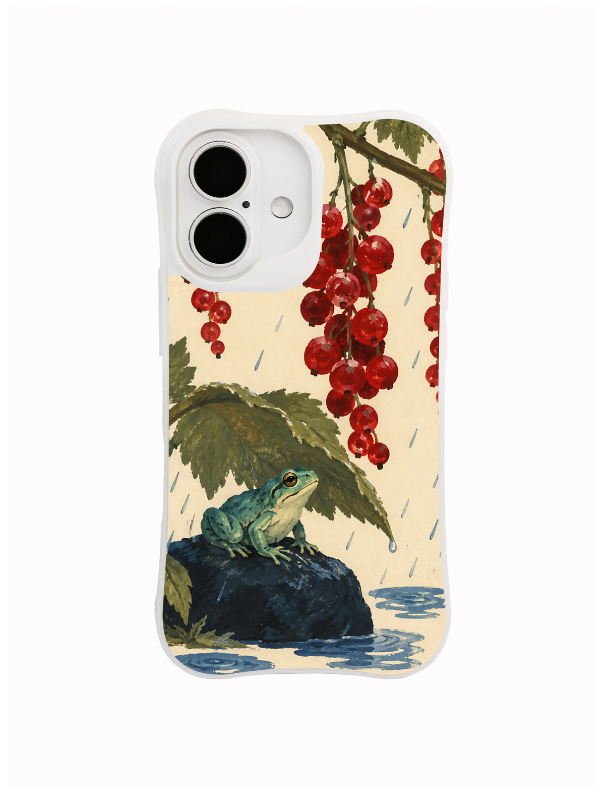 Currant Curtain and turquoise frog artwork on a white iPhone case