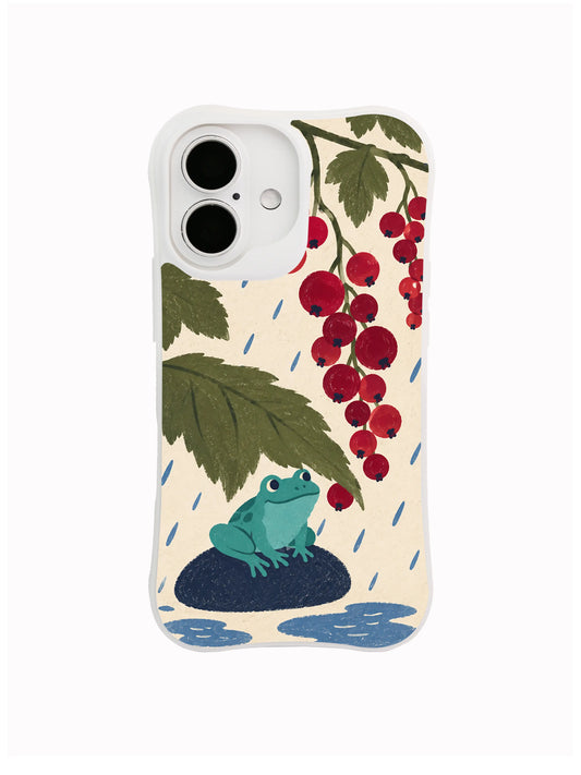 Frog Shelter under red currants artwork on a white iPhone case