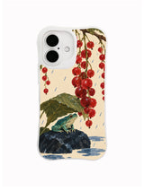 Quiet Interval frog beneath currant strands artwork on a white iPhone case