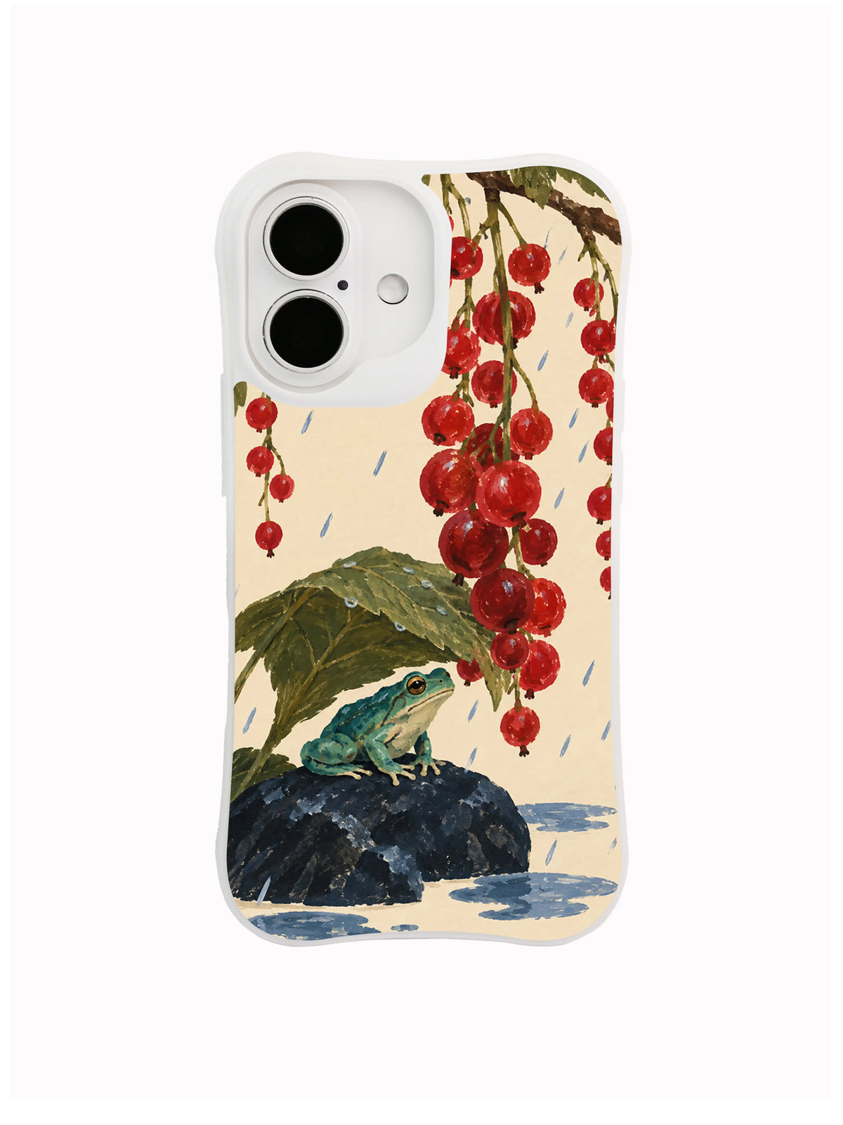 Quiet Interval frog beneath currant strands artwork on a white iPhone case