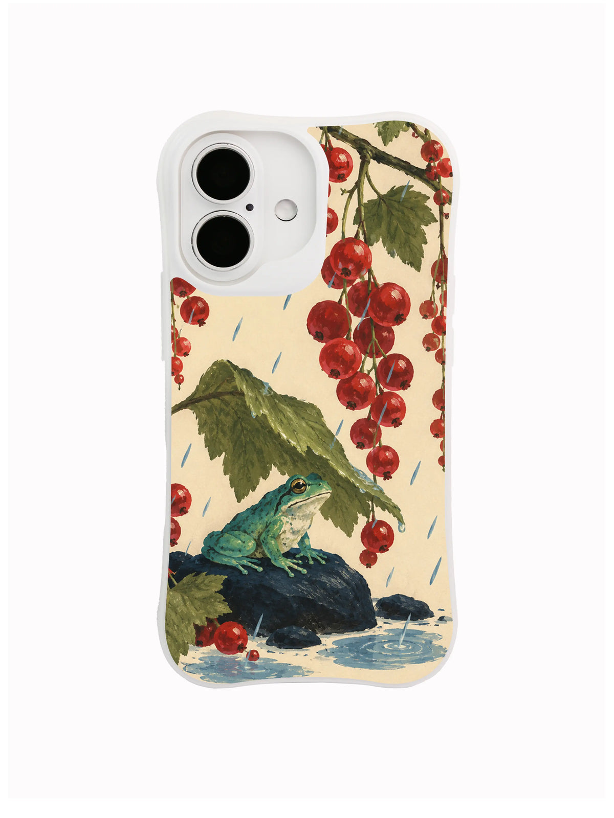 Rain Rhythm red berries and frog on an ink navy stone artwork